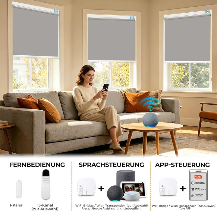 HOMEDEMO M100 Elektrische Rollos Verdunkelungsrollo mit Motor &amp; Fernbedienung, Grau 50x100cm(BxH), S