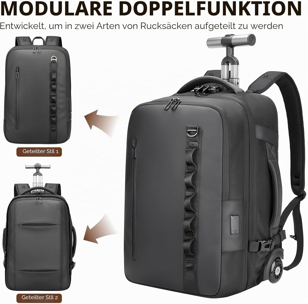 2-in-1-Reiserucksack mit Rollen, 50L Rucksack Trolley mit 17,3" Laptopfach- Handgepäck mit USB-C-Ans