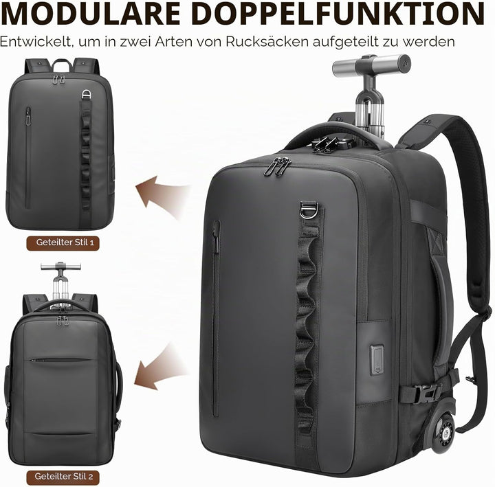 2-in-1-Reiserucksack mit Rollen, 50L Rucksack Trolley mit 17,3" Laptopfach- Handgepäck mit USB-C-Ans