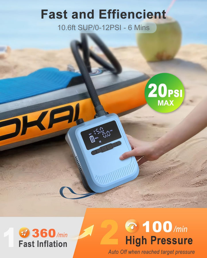 Mojimdo Elektrische SUP Pumpe 20 PSI mit Licht, Kabellos Wiederaufladbar, 5 Modi & Custom Modus, Dua