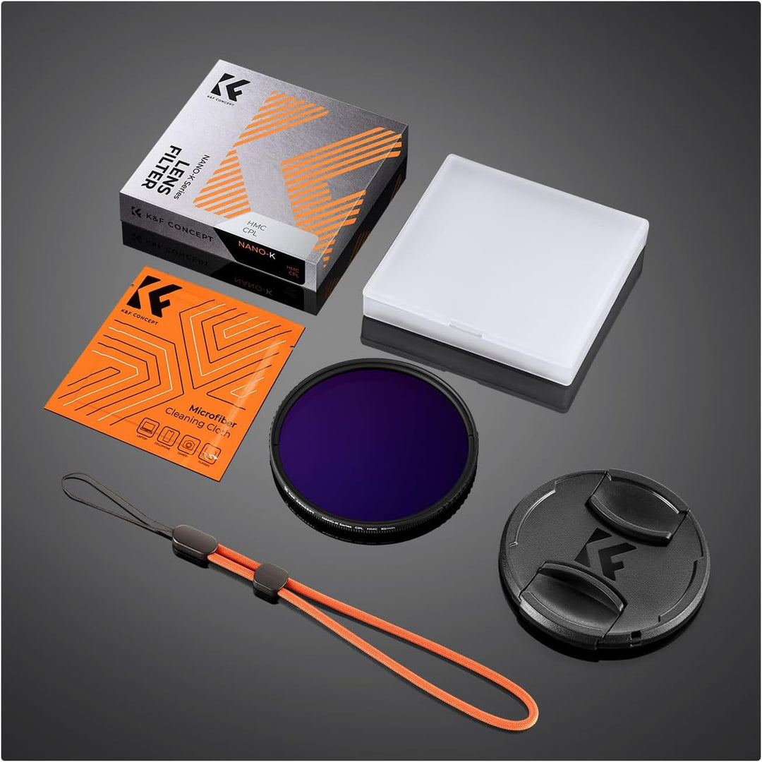 K&F Concept Polfilter 49mm CPL Filter mit Objektivdeckel, Objektivdeckel-Halteband, Reinigungstücher