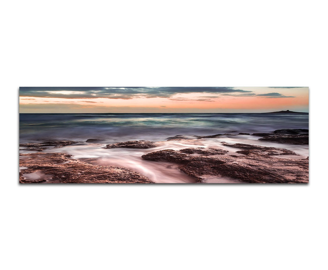 Paul Sinus Art Panoramabild auf Leinwand und Keilrahmen 150x50cm Sizilien Steine Felsen Meer Nebel A