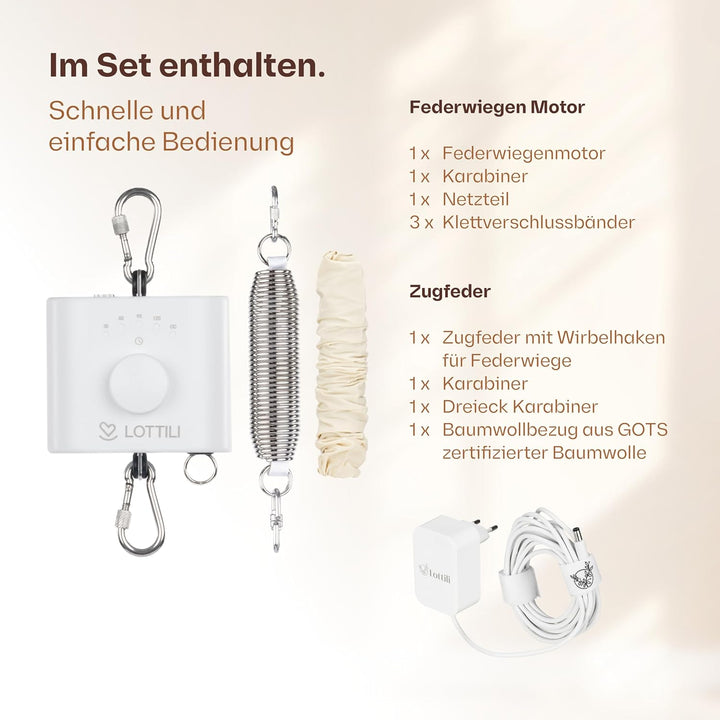 Lottili Federwiegen Motor | lautlos & selbstlernend | mit Timer & Dauermodus | fein einstellbare Sch