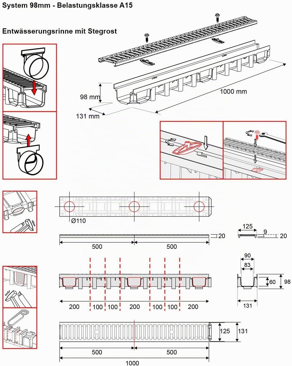 5m Entwässerungsrinne Terrassenrinne Stahlrost verzinkt komplett SET, System A15 98mm