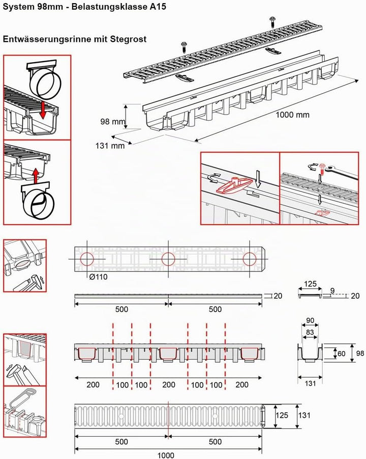 5m Entwässerungsrinne Terrassenrinne Stahlrost verzinkt komplett SET, System A15 98mm