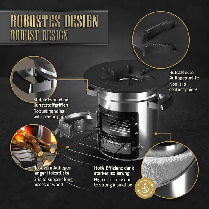 BBQ#BOSS Raketenofen mit Grillpfanne, Tragetasche und Power Ring, Silber, Campingkocher Holz mit Bre