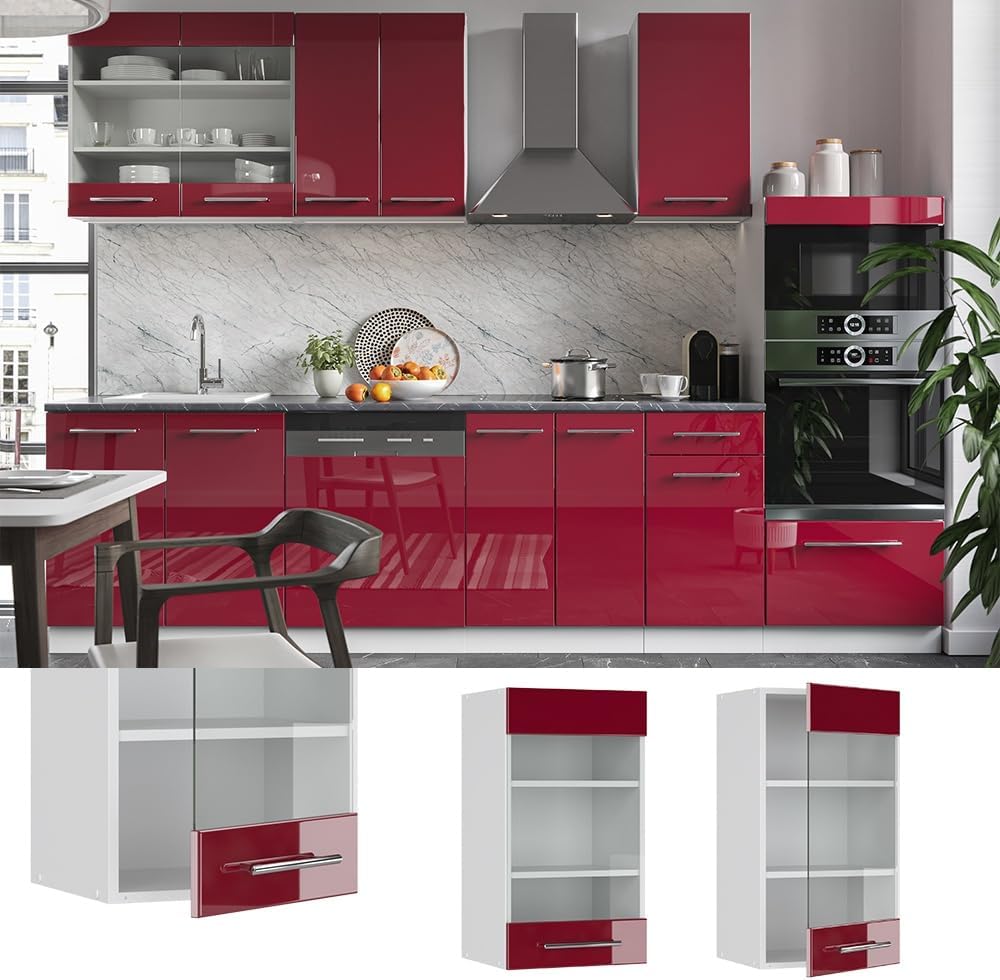Vicco Küchenschrank Glas Fame-Line, Bordeaux Hochglanz/Weiss, 40 cm Bordeaux Hochglanz Hängeglasschr
