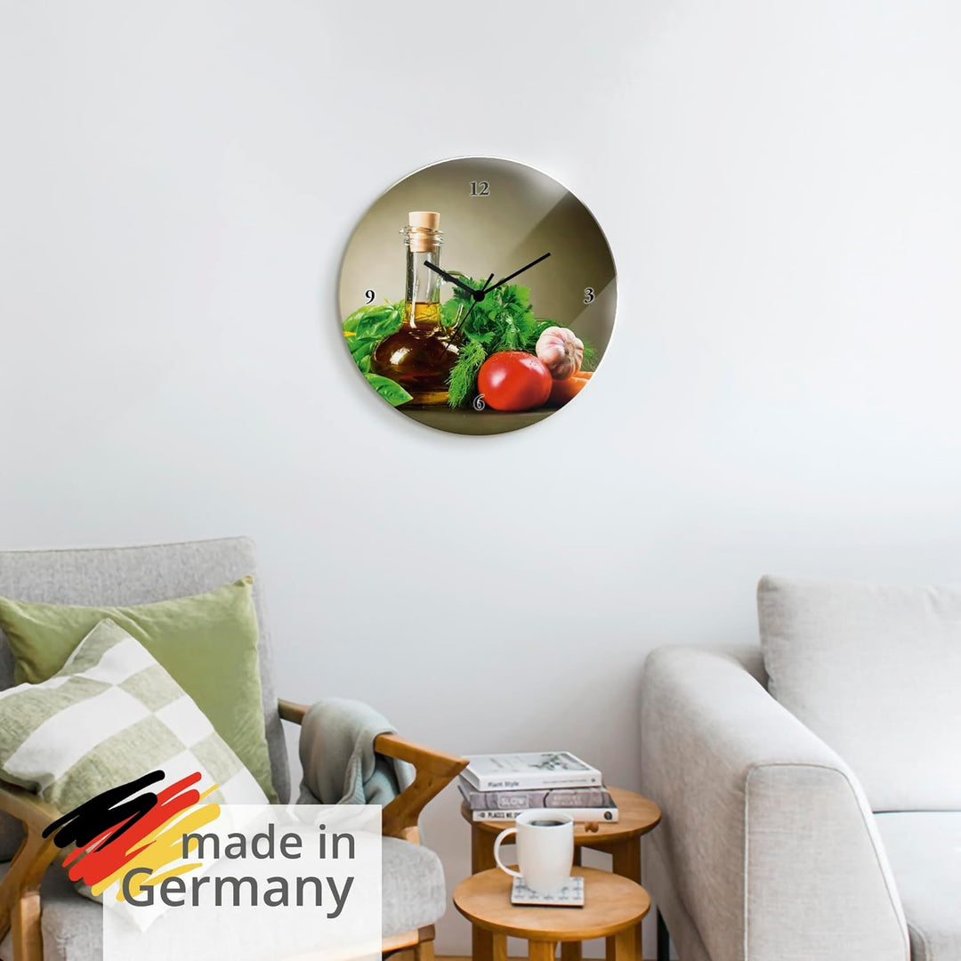 ARTLAND Wanduhr ohne Tickgeräusche Glas Quarzuhr Ø 30 cm Rund Lautlos Italien Essen Gemüse Gewürze K