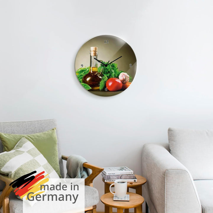 ARTLAND Wanduhr ohne Tickgeräusche Glas Quarzuhr Ø 30 cm Rund Lautlos Italien Essen Gemüse Gewürze K