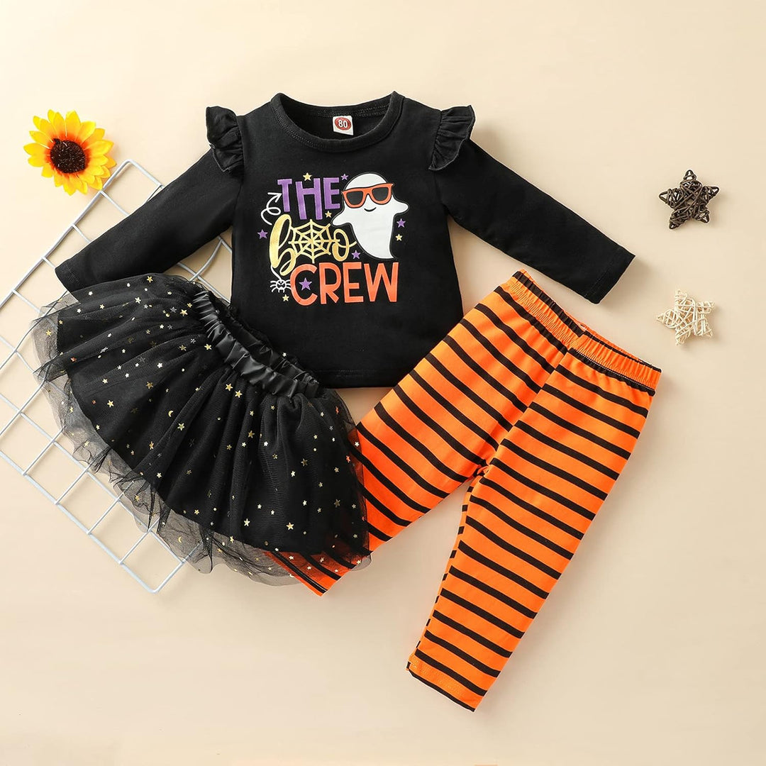 Verve Jelly Baby Mädchen Halloween Kleidung Rüschen Langarm Kürbis Tops Tüll Tutu Rock Gestreifte La