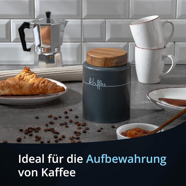 KHG Kaffeedose luftdicht, Keramik Steingut in Anthrazit Grau mit Holz-Deckel, Kapazität 1 Liter, Vor