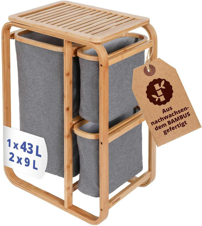 Lumaland Wäschekorb aus Bambus mit 3 ausziehbaren Wäschesäcken | Grösse ca. 71 cm Höhe x 50 cm Breit