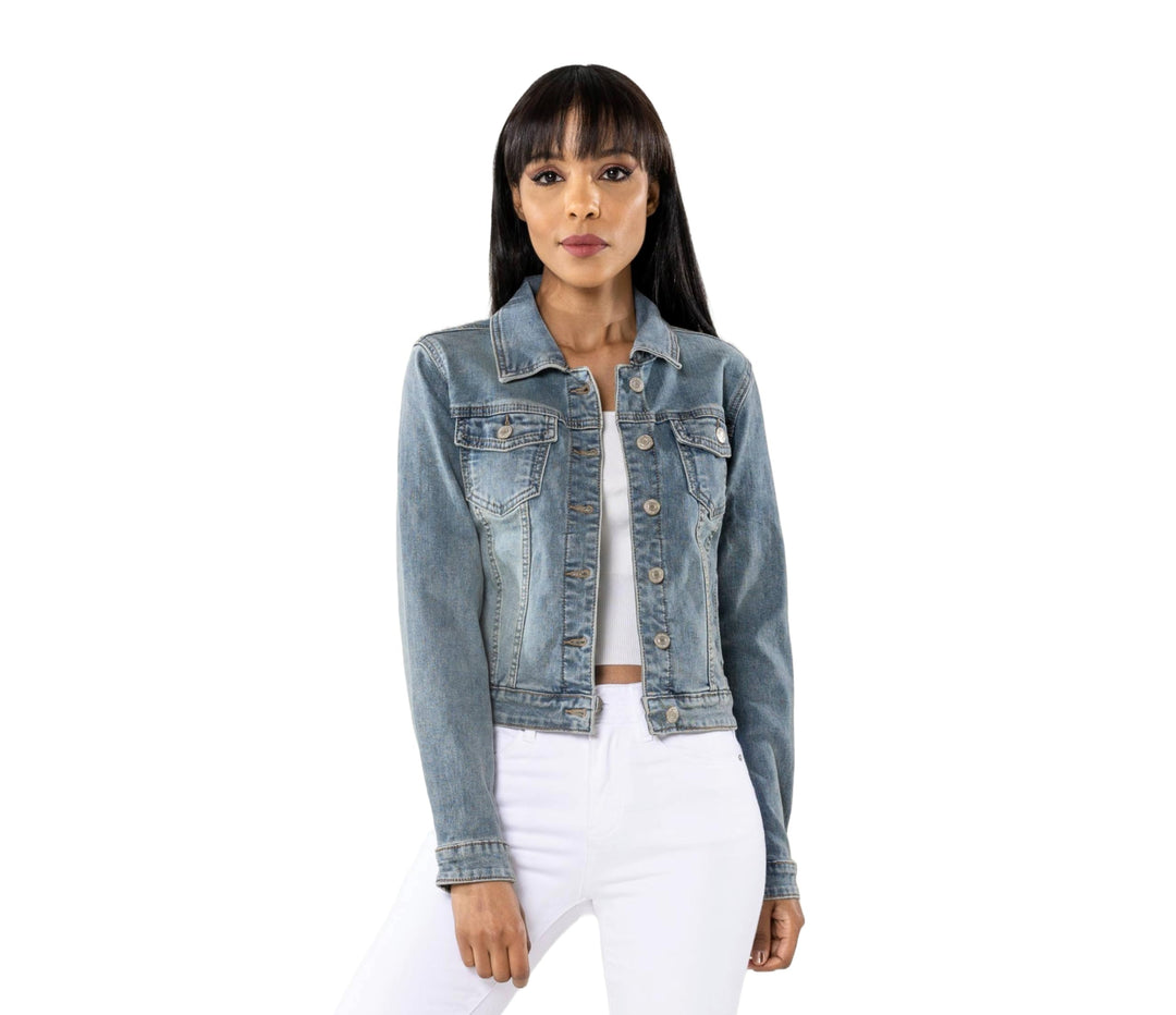Nina Carter S338 Damen Jeansjacke Übergangsjacke Leichte Waschungseffekt Jacke Blau Denim Casual S V