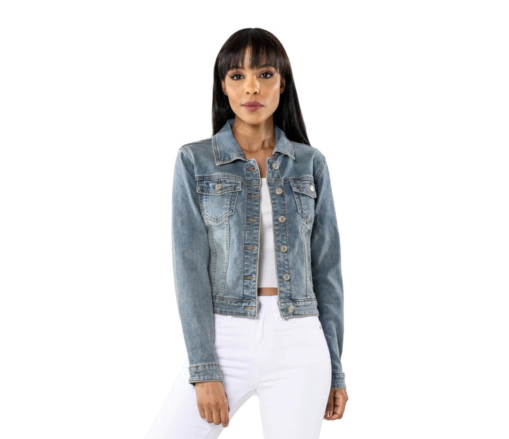 Nina Carter S338 Damen Jeansjacke Übergangsjacke Leichte Waschungseffekt Jacke Blau Denim Casual S V
