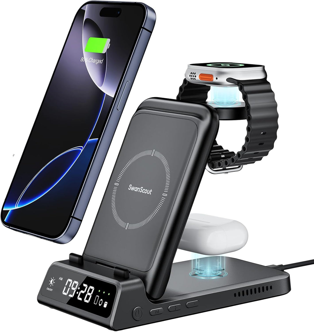 SwanScout Induktive Ladestation für Apple, 4 in 1 Faltbares Wireless Charger für i Phone 15/14/13/12