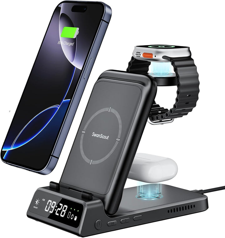 SwanScout Induktive Ladestation für Apple, 4 in 1 Faltbares Wireless Charger für i Phone 15/14/13/12