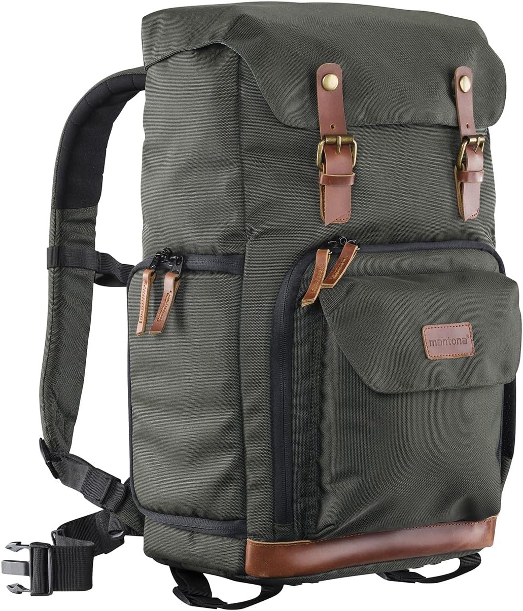 Mantona 21343 Luis Retro Fotorucksack (mit Echtleder-Applikationen, inkl. Regenschutzhülle, flexible