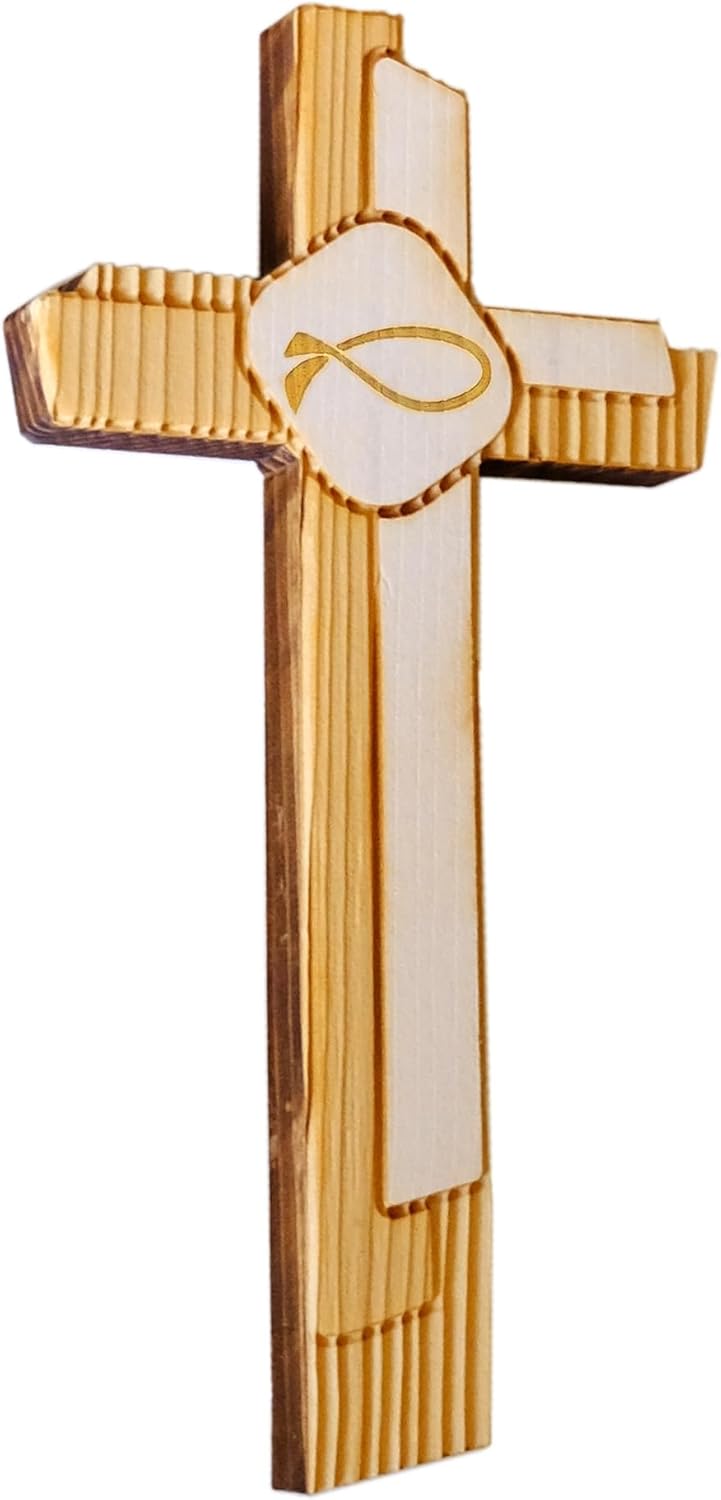 Kaltner Präsente Geschenkidee - 24 cm Wandkreuz Echtes Holz Kreuz Fichte Kruzifix mit Fisch Symbol f