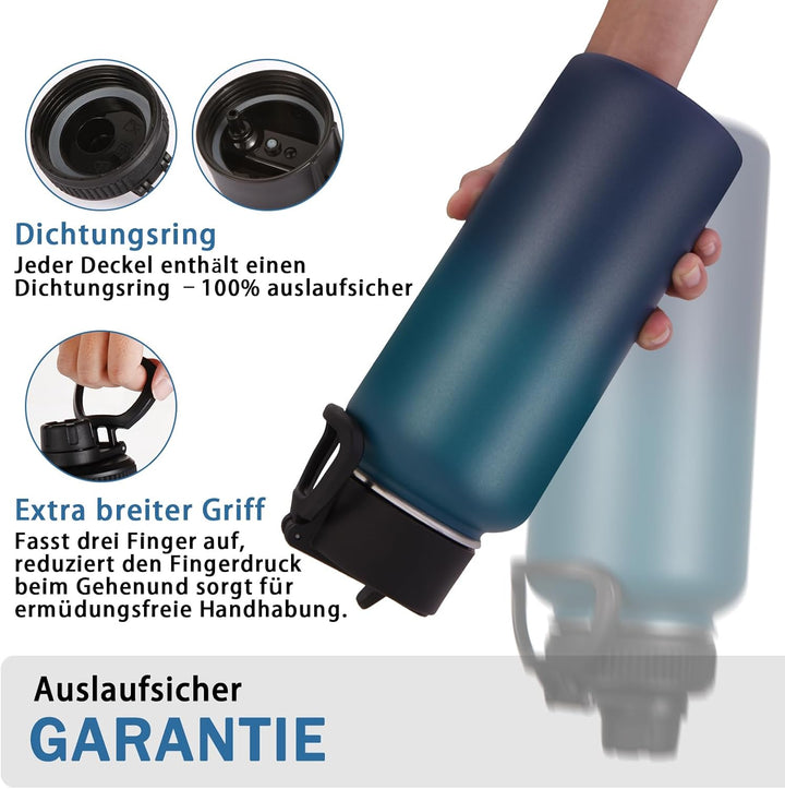 Volhoply 1 Liter Trinkflasche Edelstahl Zwei Packungen,Doppelwandig Vakuum Isolierte Thermosflasche