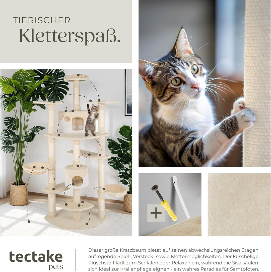 TecTake Katzen Kratzbaum mit XXL Liegemulde | 2 Katzenhäusern | deckenhoch - Diverse Farben - (beige