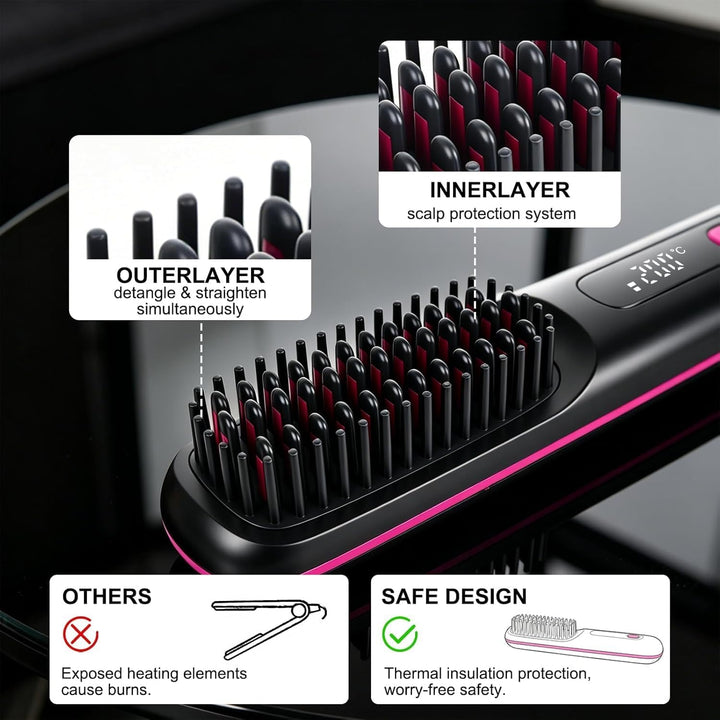 Glättbürste Kabellos, 2026 Neu Haarglätter Bürste, Stylingbürste für Kurze Haare Langes, Tragbare Ha