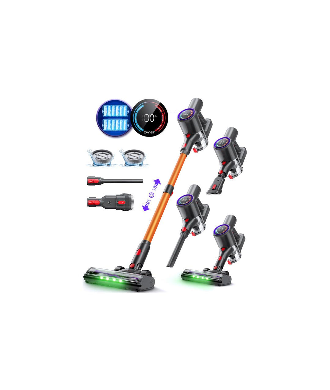 Zynet DP2 Akku Staubsauger Mit Dual-Akku, 45KPa/60Min/500W, LED-Display, Teleskopstange, Standfähig,
