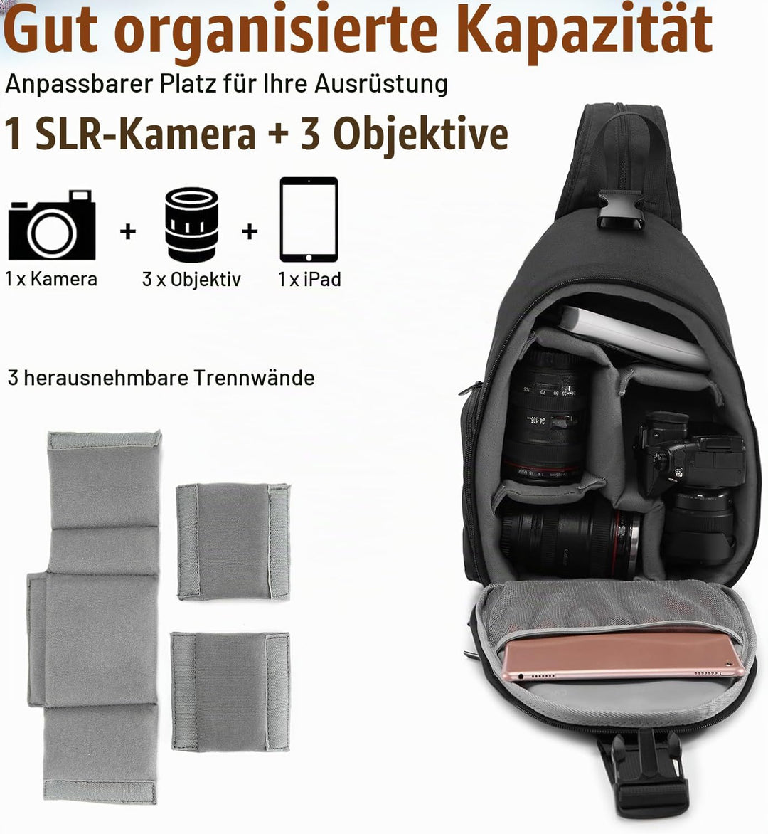Cwatcun Kameratasche, Kamera-Umhängetasche, SLR-Kameratasche mit USB-Ladeanschluss Kompatibe, wasser