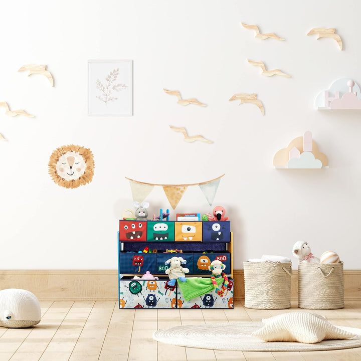 Relaxdays Kinderregal mit 9 Stoffboxen, Monster Design, HxBxT: 70 x 92,5 30 cm, Spielzeugregal fürs