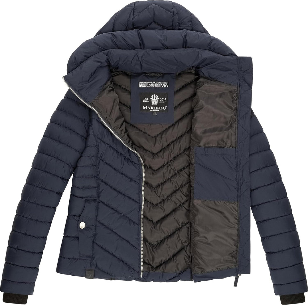 MARIKOO Damen Übergangsjacke leichte Steppjacke kurz mit abnehmbarer Kapuze Kagomee XS-XXL XL Navy,