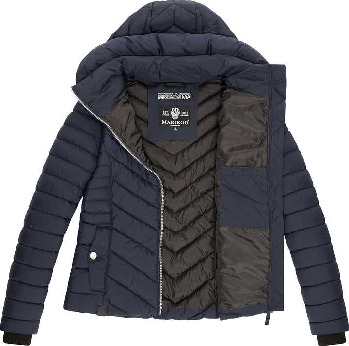 MARIKOO Damen Übergangsjacke leichte Steppjacke kurz mit abnehmbarer Kapuze Kagomee XS-XXL XL Navy,