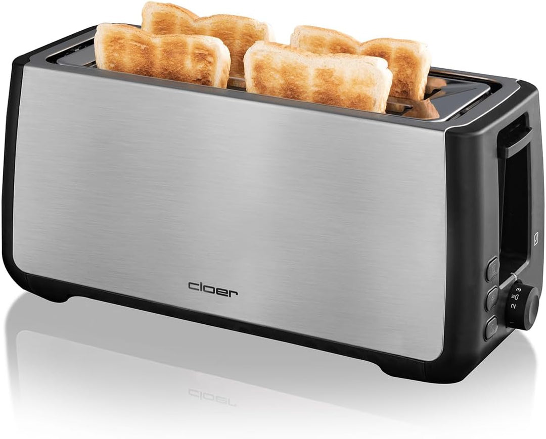 Cloer 3579 King-Size Toaster für 4 XXL Scheiben, Check-Funktion, Edelstahlgehäuse, 1500 Watt, schwar