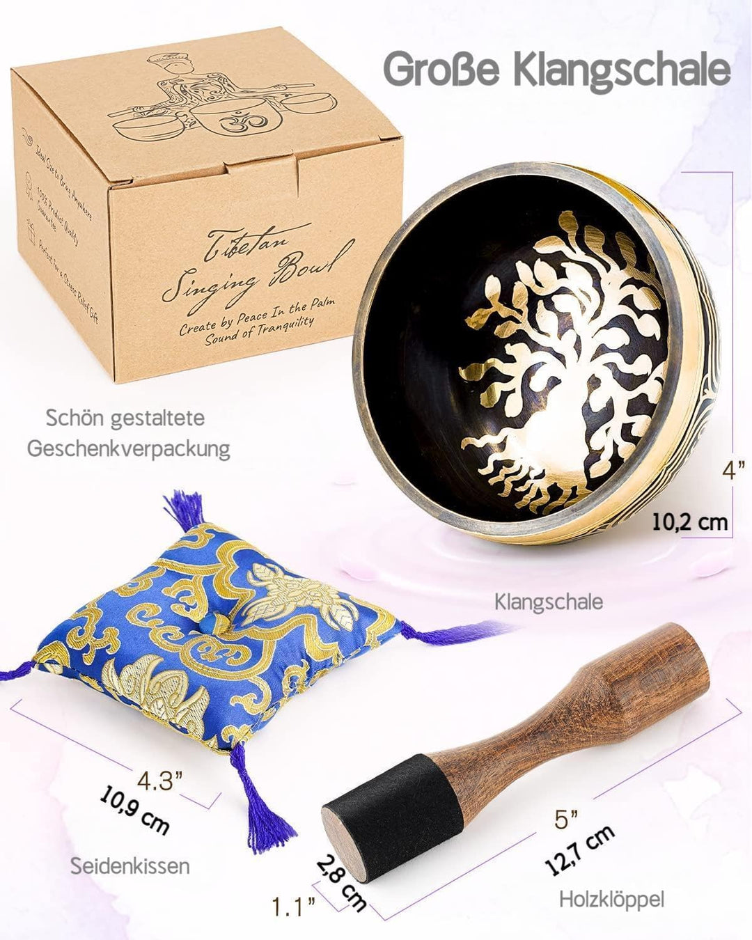Hihealer Tibetanische Klangschalen-Set 100% Handgefertigt in Nepal, Grosse Klangschale mit Anleitung