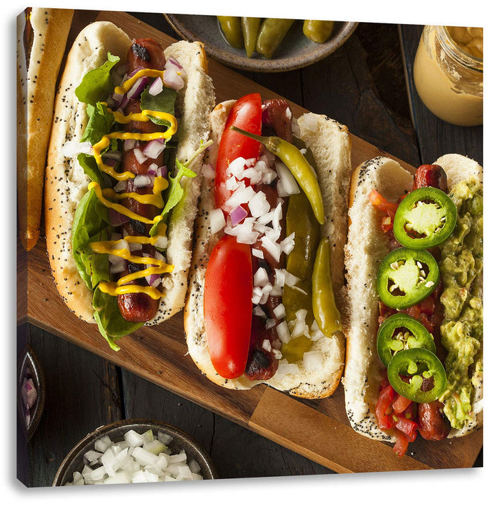 Amerikanische Hotdogs, Format: 70x70 auf Leinwand, XXL riesige Bilder fertig gerahmt mit Keilrahmen,