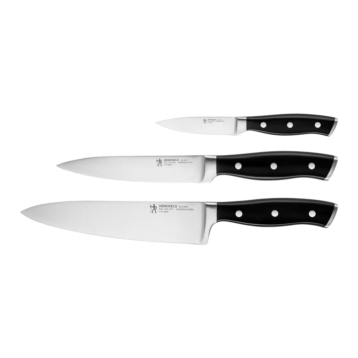 HENCKELS by ZWILLING Accent Messerset 3-tlg, Spick-, Fleisch- und Kochmesser, Schwarz mit Nieten