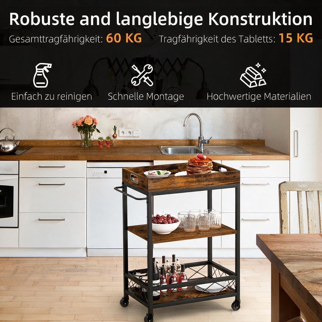 Servierwagen Küchenwagen aus Eisen und Holz 61 x 46 x 85 cm – Rollwagen mit 4 Rollen, Vintage-Design