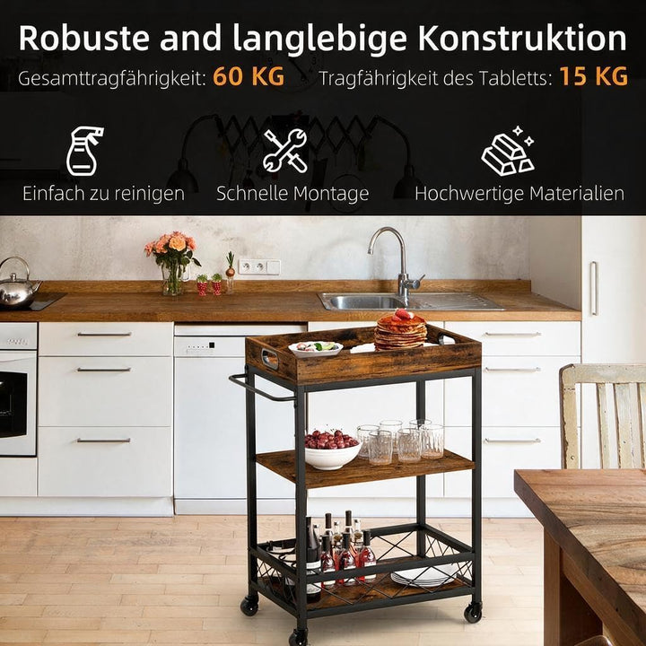 Servierwagen Küchenwagen aus Eisen und Holz 61 x 46 x 85 cm – Rollwagen mit 4 Rollen, Vintage-Design