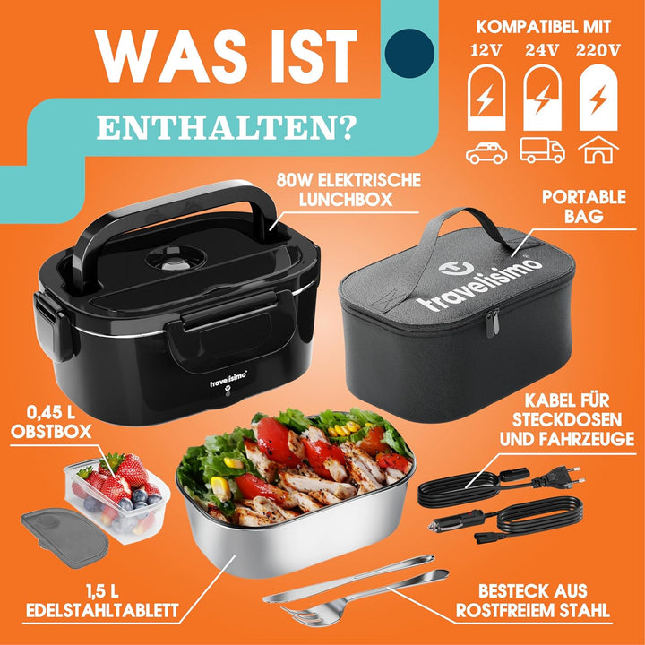 TRAVELISIMO Elektrische Lunchbox 80W Essensbox Warmes Mittagessen, 1,5L Wärmebox für Speisen 3-in-1