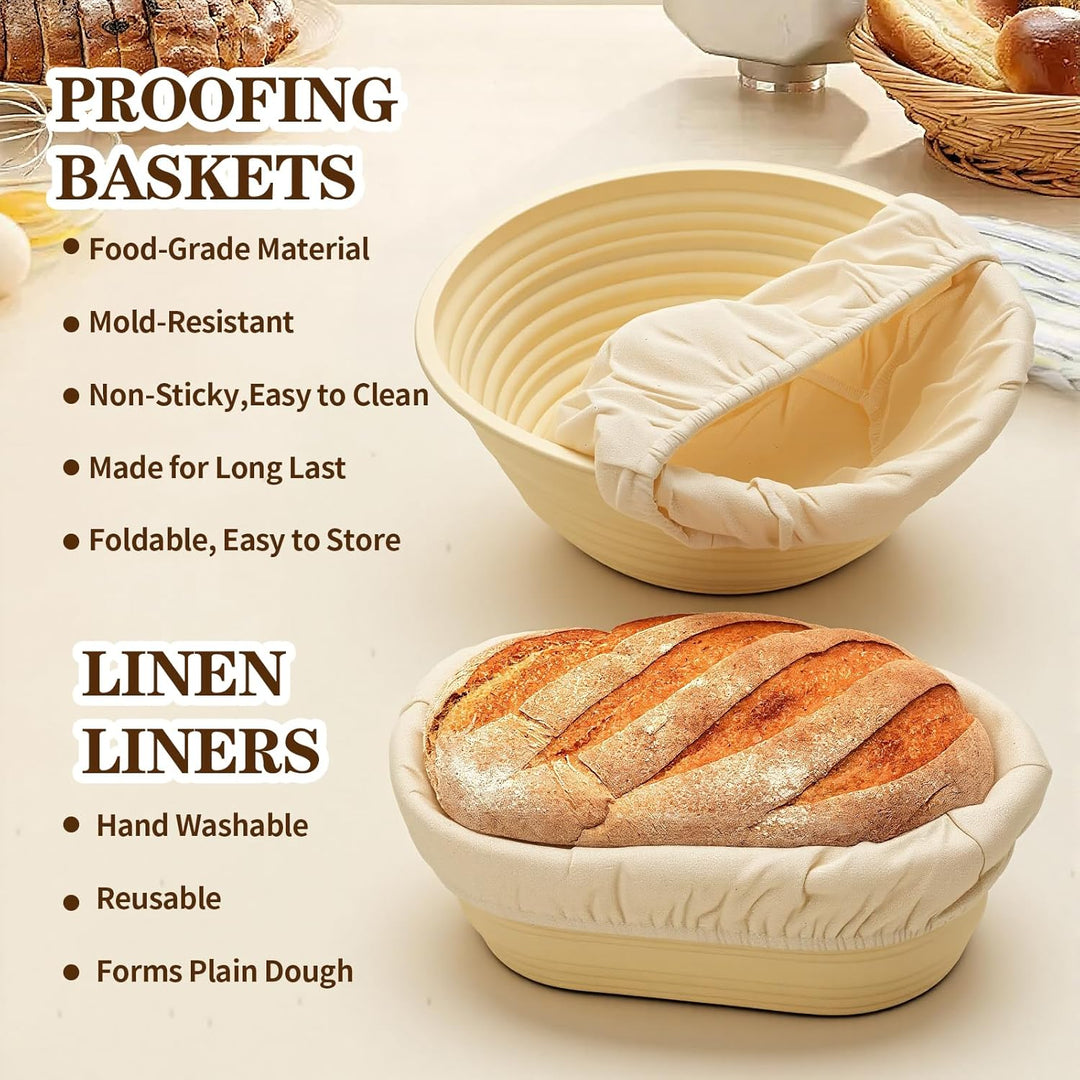 Gärkörbchen,Sauerteig Starter Set,2 Silikon Gärkörbe Rund und Oval,Brot Backen Zubehör,Gärkorb Brot