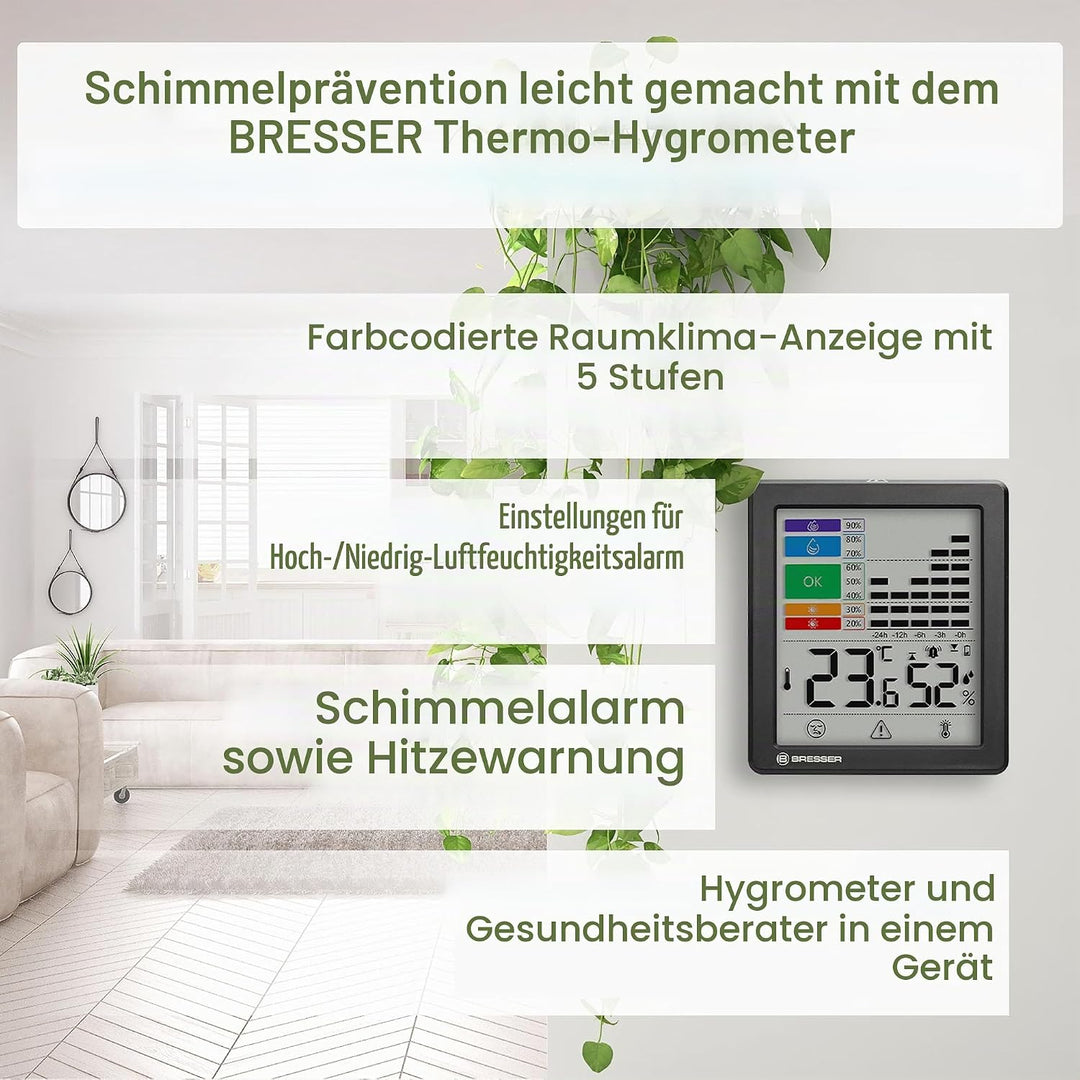 Bresser Thermo-Hygrometer mit Schimmelwarnung, Farb-Indikator, Raumklima-Manager, Misst Temperatur u