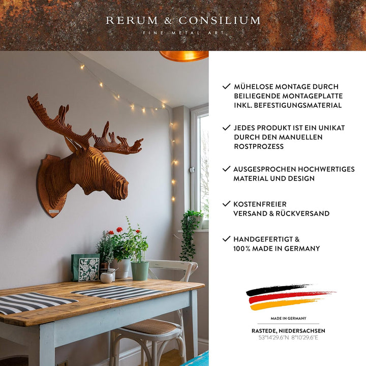 Rerum & Consilium Elch Wanddeko in Edelrost-Optik I Made in Germany I 98 x 65 x 56 cm I 29 kg Eigeng