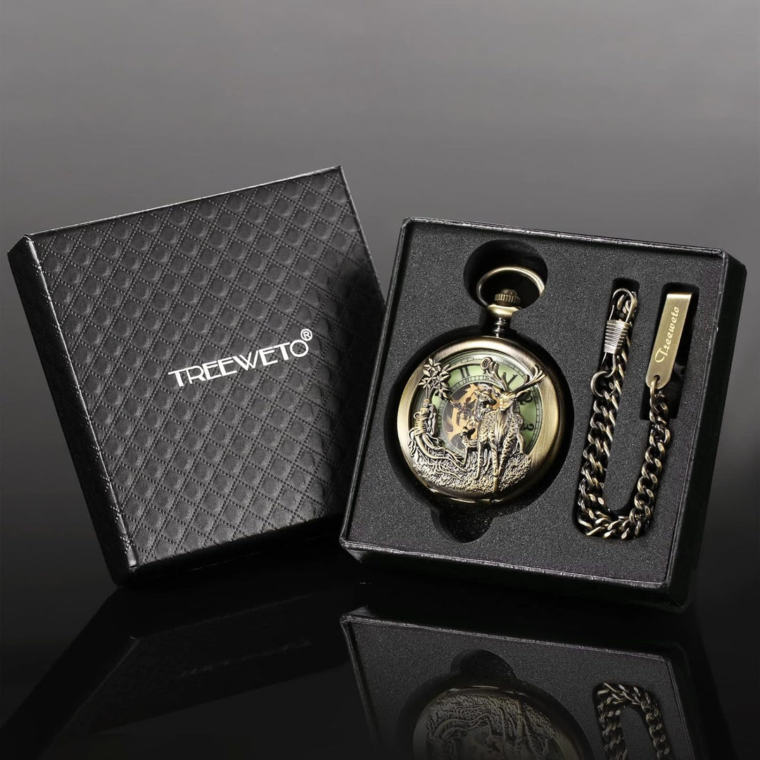 TREEWETO Unisex Taschenuhr Analog Handaufzug Retro Rentier Skelett Römische Taschenuhren mit Kette f