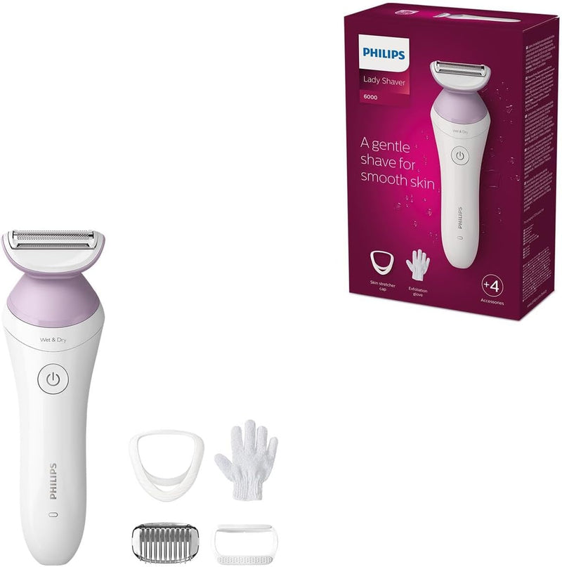 Philips Lady Shaver Series 6000 – Kabelloser Nass- und Trockenrasierer mit 4 Zubehörteilen, Körperpe