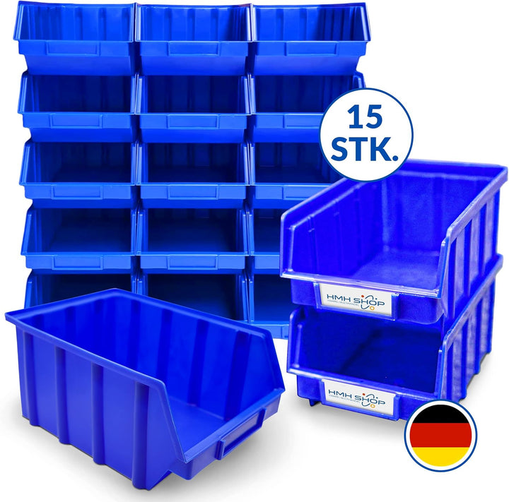 HSM 15 Stapelboxen Gr. 4 Stapelkästen Stapelkisten Sichtlagerkästen 340x222x157 mm (Blau, Polypropyl