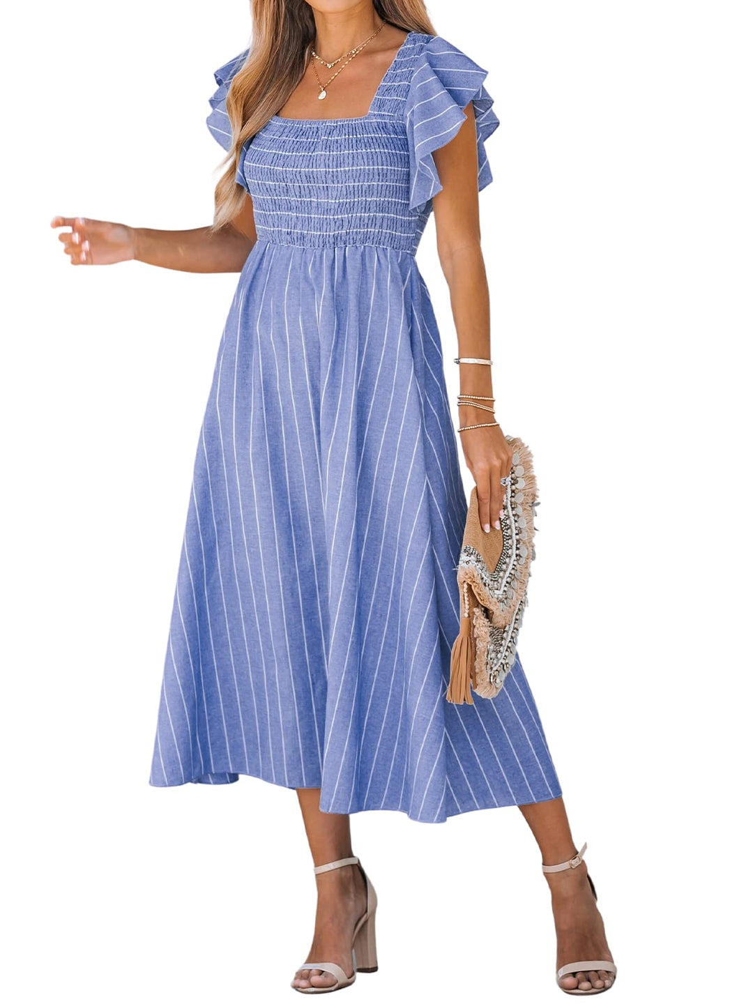 CUPSHE Damen Sommerkleid Quadratischer Ausschnitt Volantärmel Nadelstreifen A Linie Gesmoktes Maxikl
