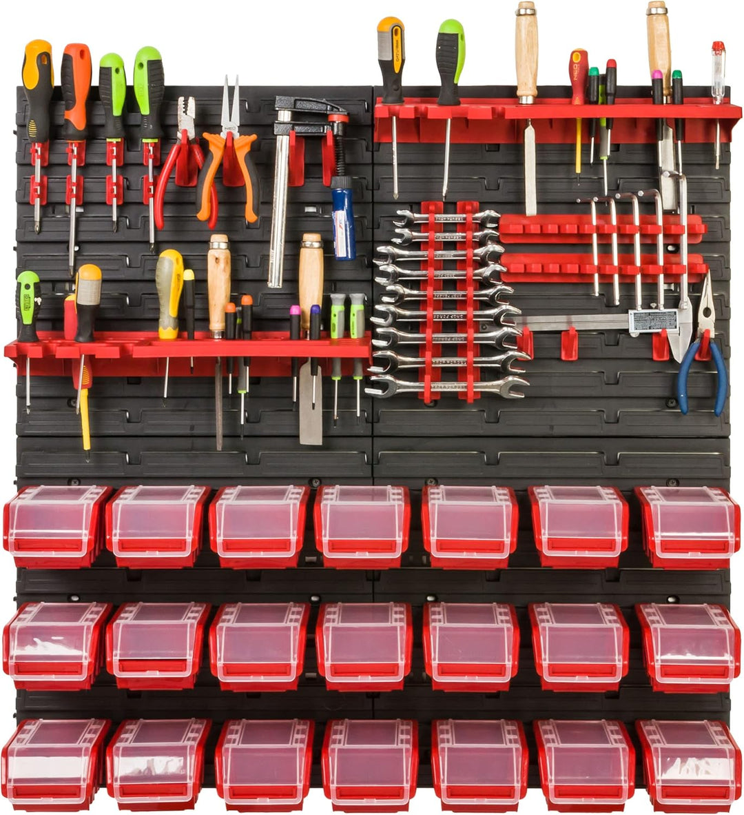Lagersystem Werkstattregal | 78 x 78 cm | 21 stck. Box | Wandregal mit Werkzeughalterungen und Stape