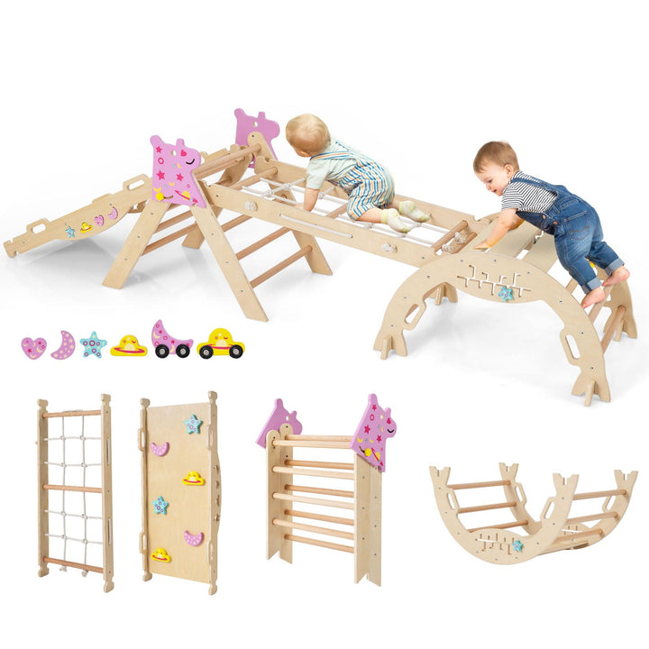 HOMASIS 4 in 1 Kletterdreieck mit Kletternetz, Kletterbogen, Wippe & Leiter, Klettergerüst mit doppe