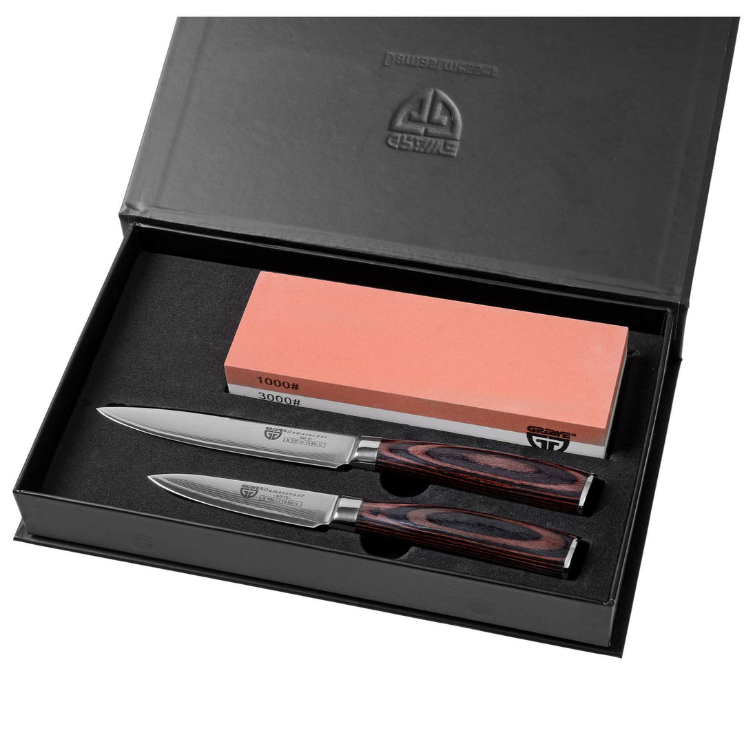 GRÄWE Damastmesser-Set 3-teilig - Allzweckmesser, Schälmesser, Wetzstein 1000/3000
