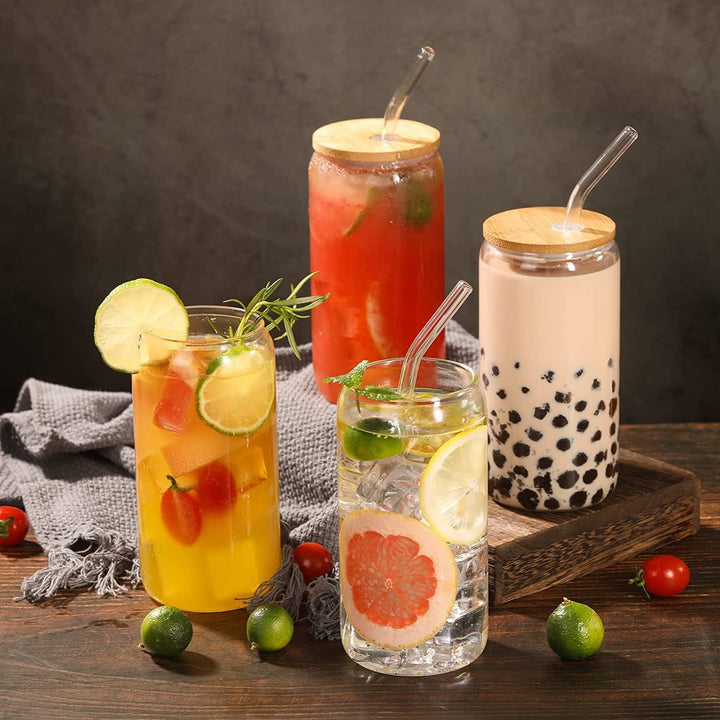 Panngu Bubble Tea Becher mit Deckel und Strohhalm 2er Set, Trinkgläser mit Bambusdeckel und Glasstro