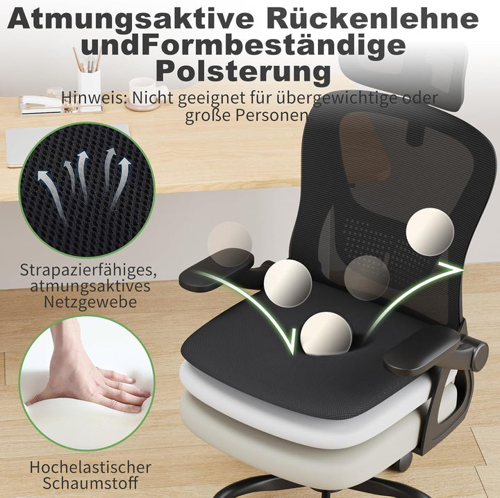 naspaluro Ergonomischer Schreibtischstuhl, Bürostuhl mit Kopfstütze/Hochklappbaren Armlehnen, Atmung