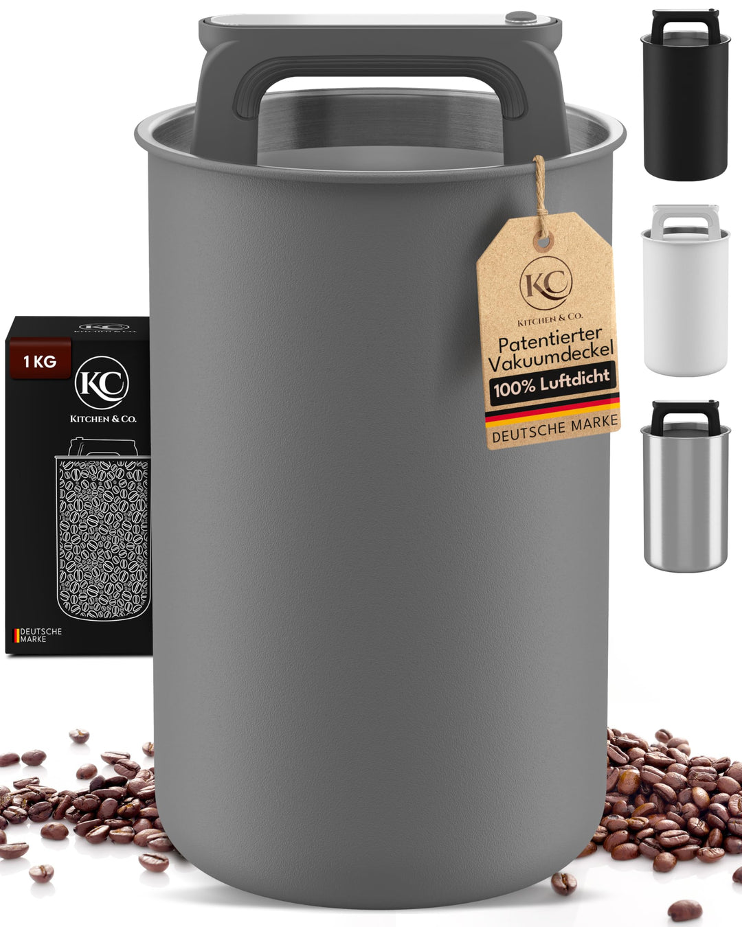 Kaffeedose luftdicht für 1 kg Kaffeebohnen mit Vakuumdeckel (Behälter für Kaffee, Tee, Edelstahl Dos